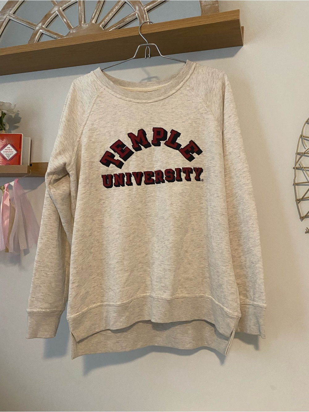 League Cream Temple University Pullover Sweatshirt with Red Lettering